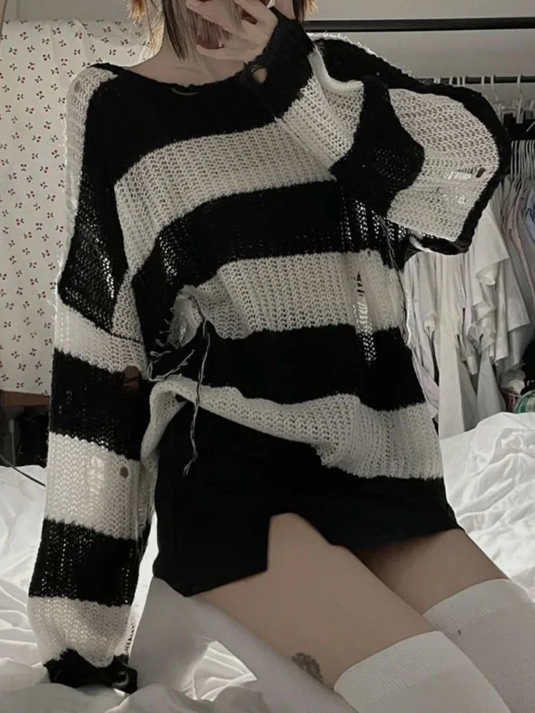 

Полосатые пуловеры, женская одежда, джемпер с нерегулярными отверстиями, Sueter Mujer, модный повседневный вязаный тонкий свитер, топы, корейский Pull Femme