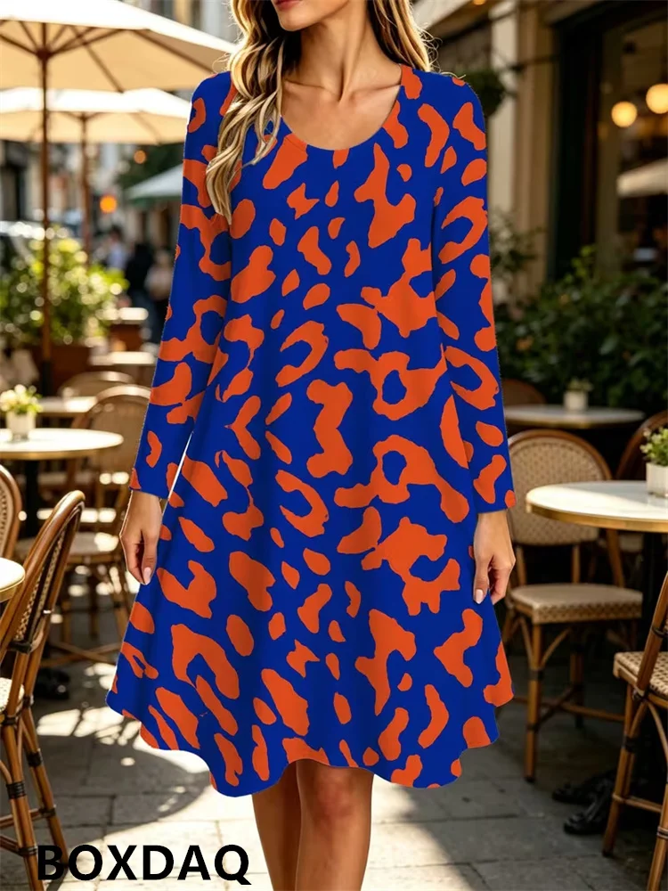 Fashion 3D Leopard Print Dresses For Women New Casual Round Neck Long Sleeved A-Line Mini Dress Autumn Street Women's Clothing