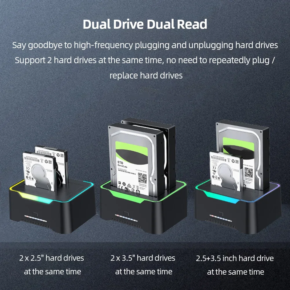 듀얼 베이 HDD 도킹 스테이션, USB 3.0 모바일 하드 드라이브 복사 상자 베이스 외장 하드 드라이브 도킹, 2.5 인치, 3.5 인치 SATA 하드 디스크용