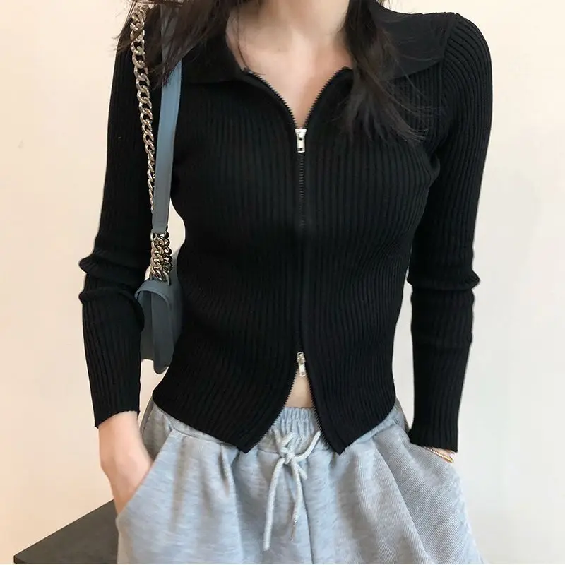 

Polo Neck Knitted Sweater Cardigan Women Design Spring Autumn New Crop Tops Double Zipper Long Sleeve Slim Chic Black Coat