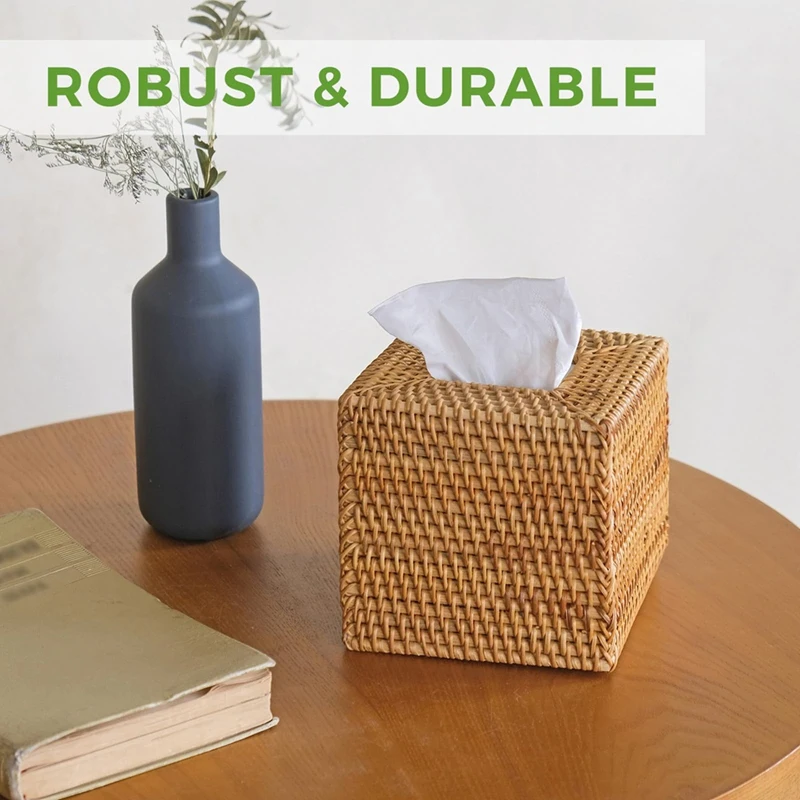 Y17A Rattan Tissue Box Cover, Hand Woven Square Wicker Holder For Facial Tissues, For Bathroom Living Room, Tissue Holders