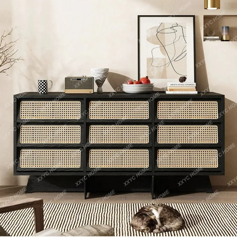 XXSolid Wood Rattan Nine-Drawer Cabinet Vintage Sideboard Drawer Storage Cabinet Japanese Style Entrance Cabinet