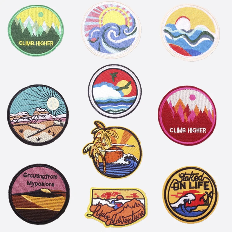 

Mountain Hiking Embroidered Patches Sunrise and Sunset Badge Jacket Jeans Japanese DIY Clothing Accessories