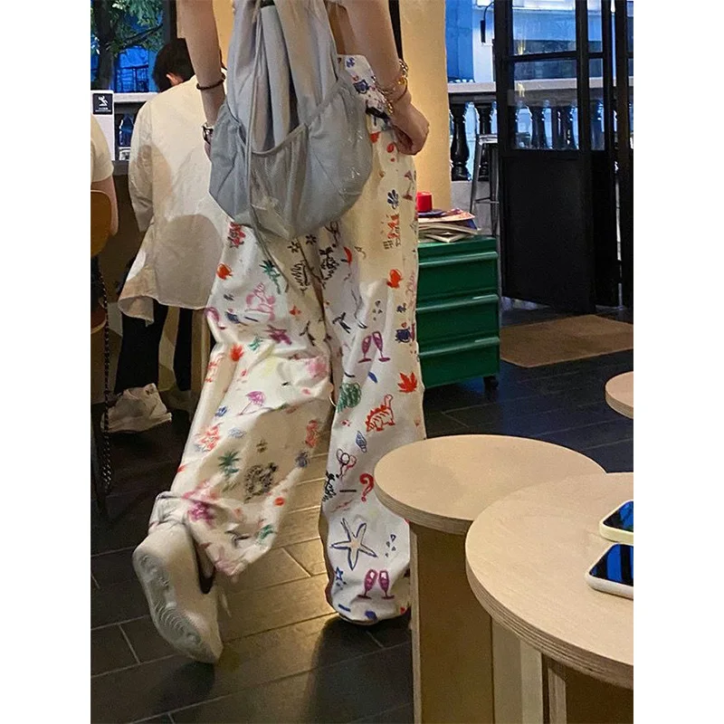 American Retro Summer 2024 Women New High Waiste Fashion High Street Hip-Hop Fun Graffiti Print Cargo Pants Loose Casual Pants