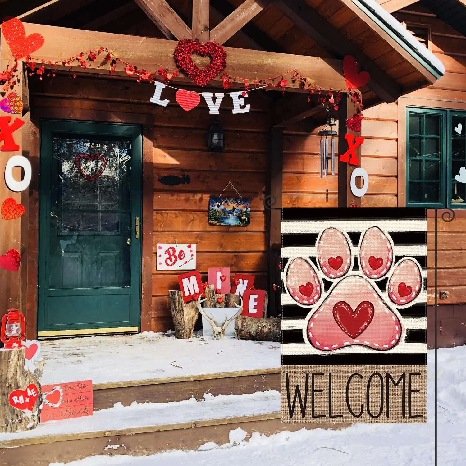 AVOIN colorlife Welcome Paw Print Love Hearts Valentines Day Garden Flag 12x18 Inch Double Sided, Stripes Rustic Floral Anni LLG