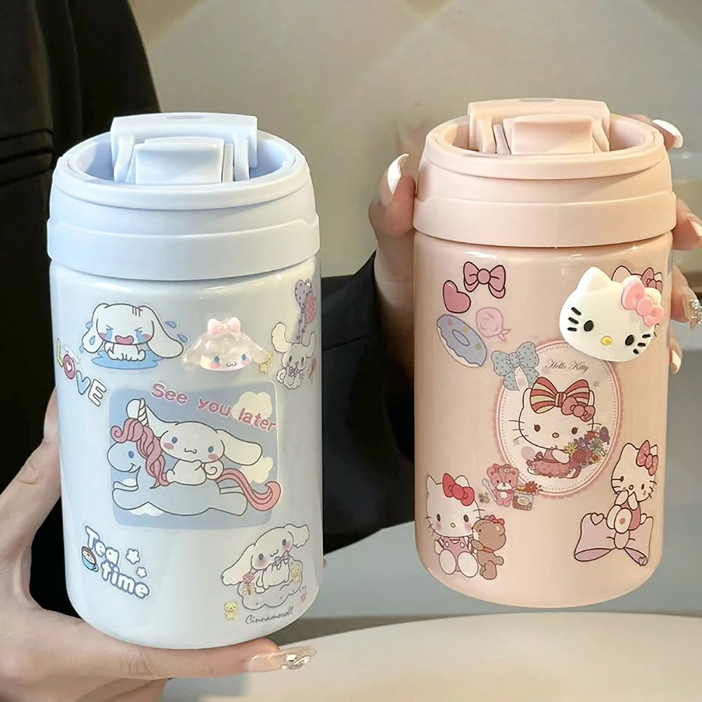 

Sanrio Kawaii Anime Water Cup Hello Kitty Cinnamoroll Cartoon Coffee Mug Girly Heart Handle Straw Cup Fashion Water Bottle Gifts