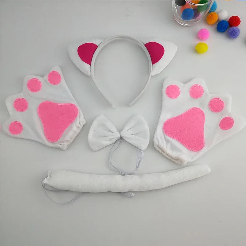 Adults Kids Plush Black White Cat Ears Headband Tail Tie Paw  Boy  Animal Gift  Birthday Party   Christmas Halloween