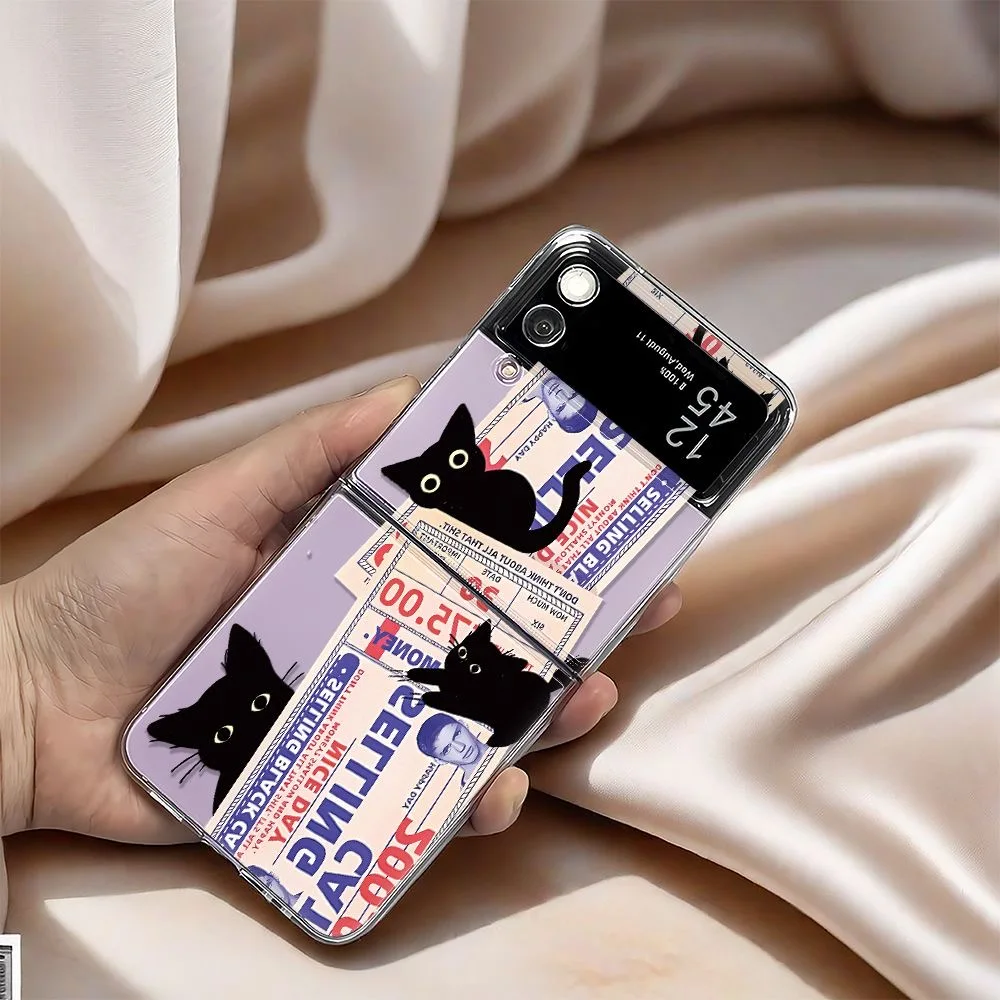 Capa de Telefone INS Retro Stamp Black Cat para Samsung Galaxy Z Flip 6 7 ZFlip 5, Capa Transparente Dobrável para Samsung ZFlip 7FE 4 3