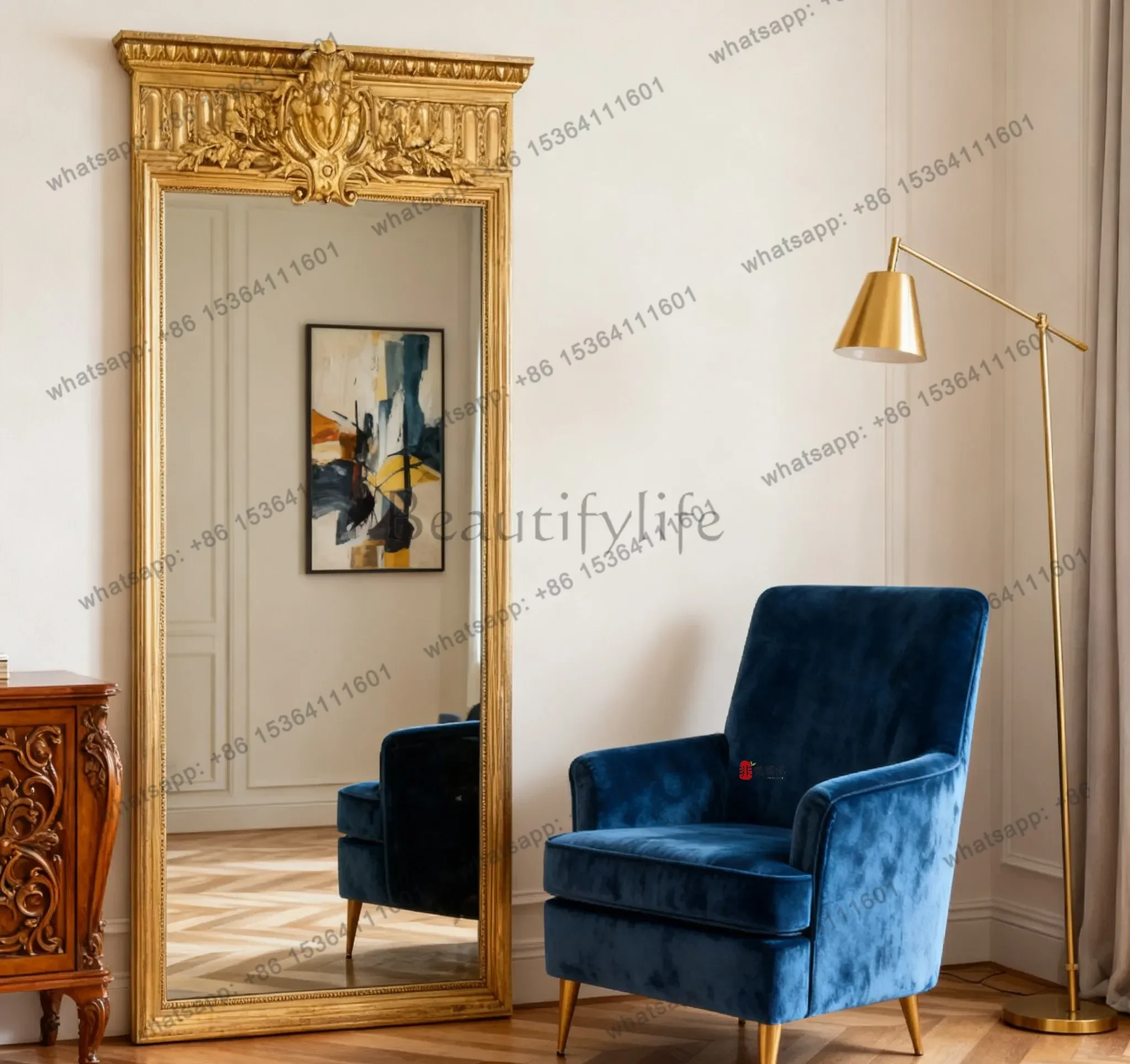 Vintage full-length mirror Baroque living room floor-to-ceiling mirror French court-style luxury full-length mirror