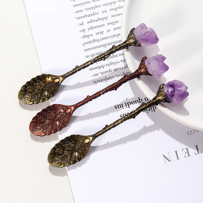 Natural Amethyst Cluster Coffee Spoon Vintage Teaspoons Ice Cream Dessert Scoop Kitchen Tool Tableware