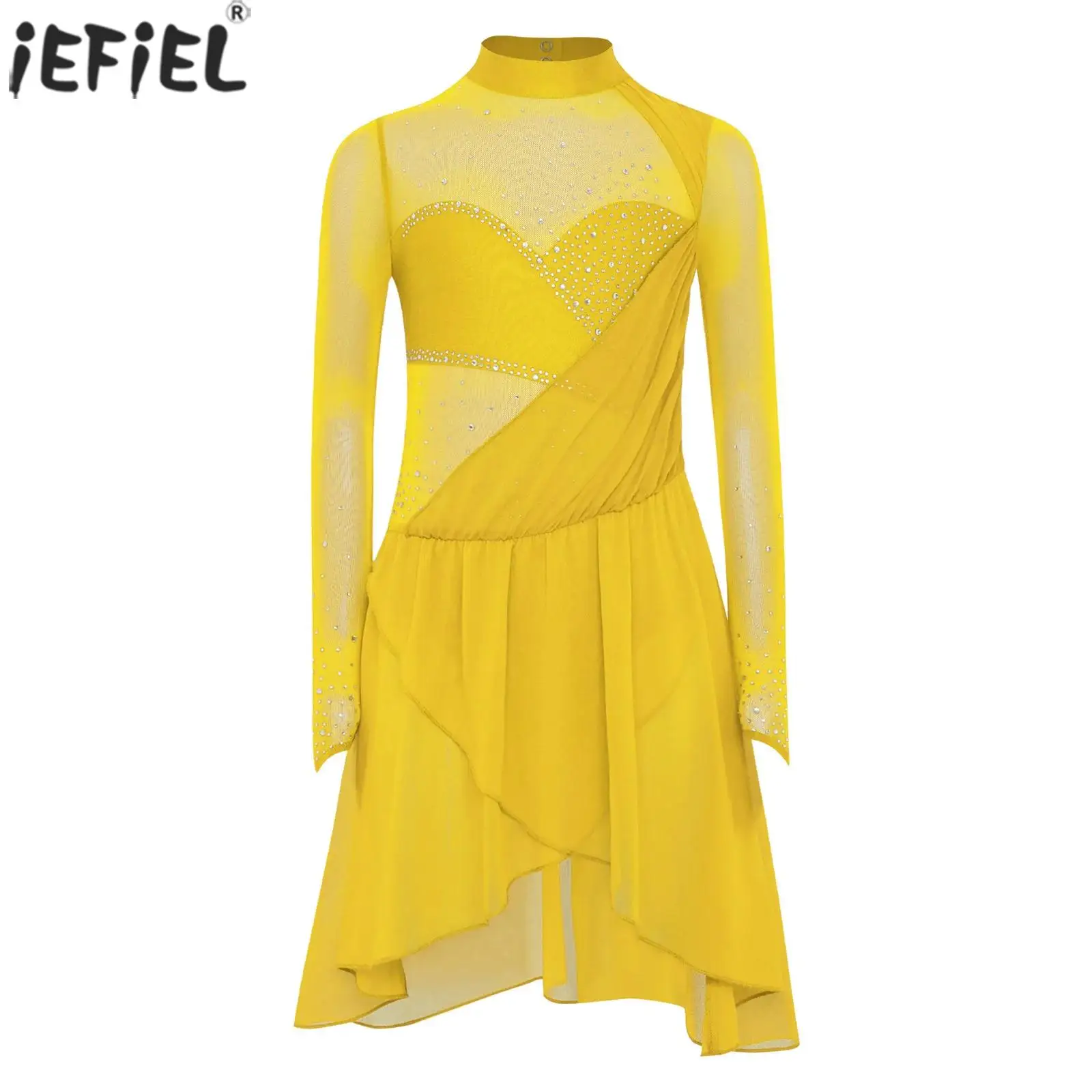 Kinder Mädchen Lyrical Dance Eiskunstlauf Kleid Ballett Rhythmische Gymnastik Dancewear Strass Lange Ärmel Sheer Mesh Trikot