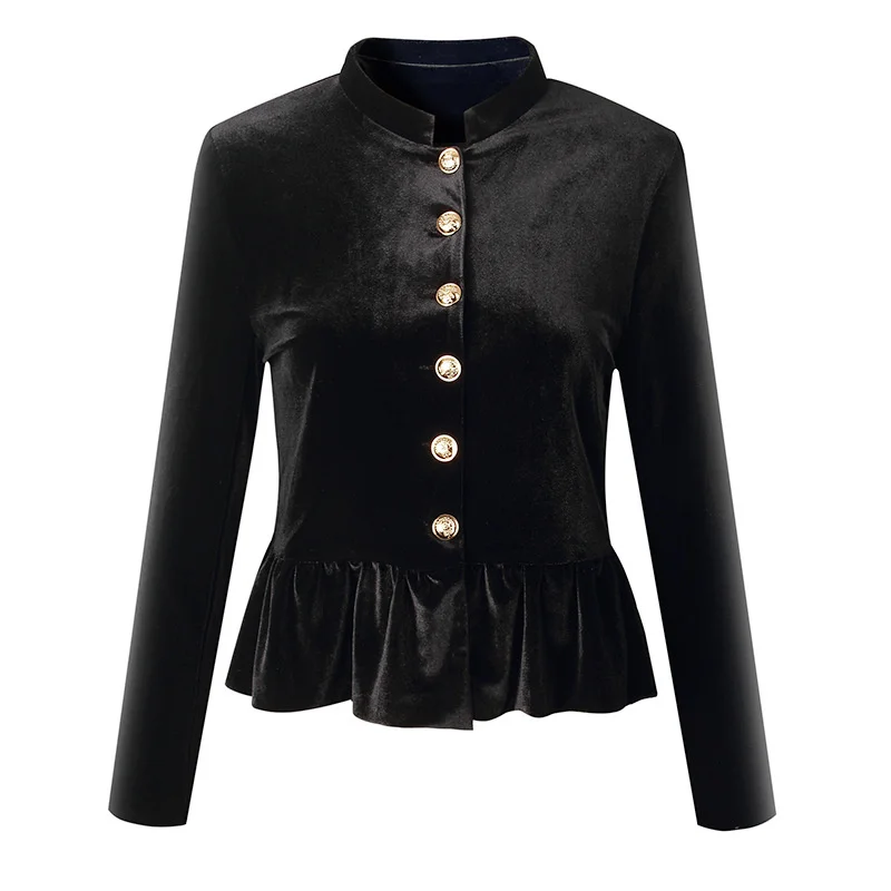 Autumn Winter Fashion Design Women Single Breasted Skirt Short Coat Celebrity Style Gold Velvet Slim Black Stand Collar Jackets