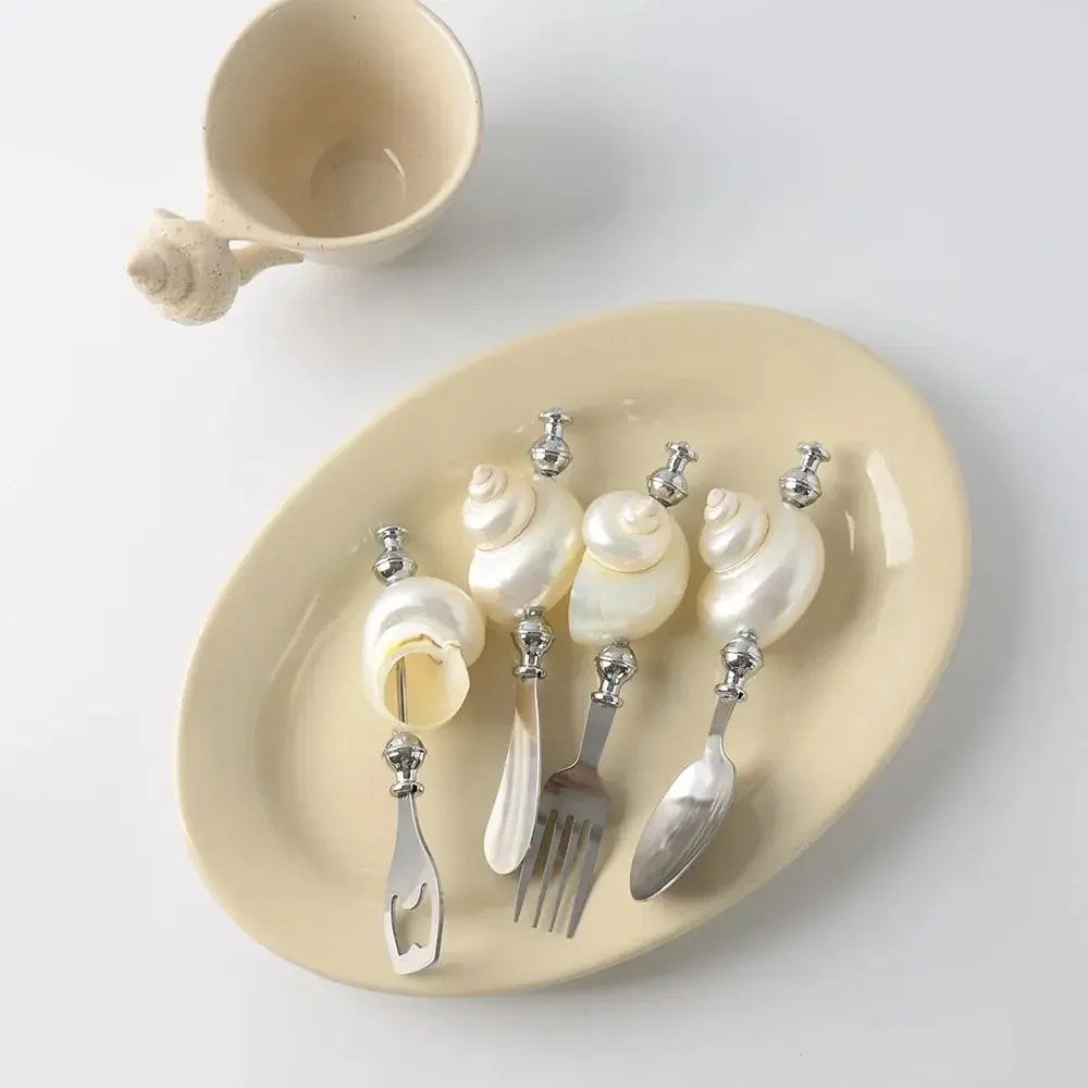 Flowing Aurora Steel Ball Moonlight Pearl White Rotating Conch Stainless Steel Fork Spoon Tableware