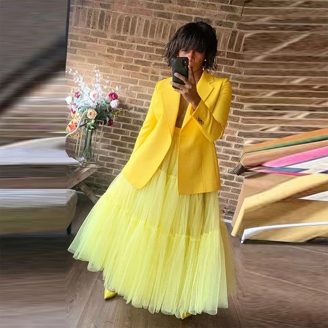 Żółte tiulowe długie spódnice damskie wesele formalne ubrania Lady w pasie bufiasta spódnica Tutu Ruffles spódnice damskie