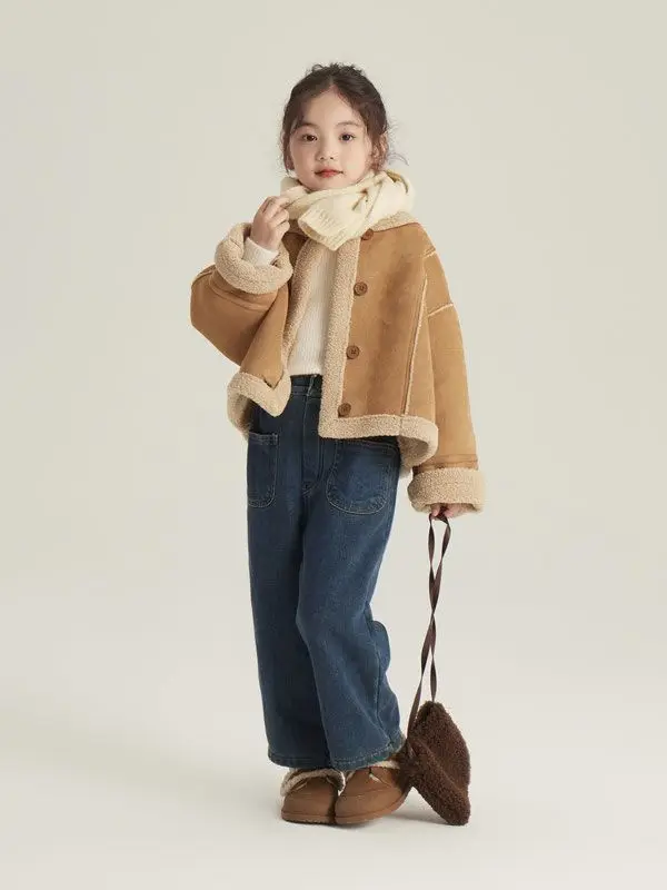 

Girl Top 2023 New Antumn Winter Fashion Style Outerwear Baby Girl Sheepskin Soft Round Collar Suede Fabric Short Coat Kid Jacket