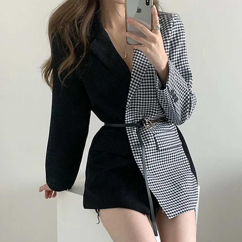 Coreano vintage pied de poule plaid splicing giacca cintura primavera donna casual monopetto bavero manica lunga blazer cappotto