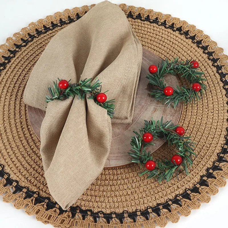 1PC Merry Christmas Red Berry Pine Needle Wreath Design Napkin Ring Christmas Table Decorations for Xmas Navidad Party Supplies