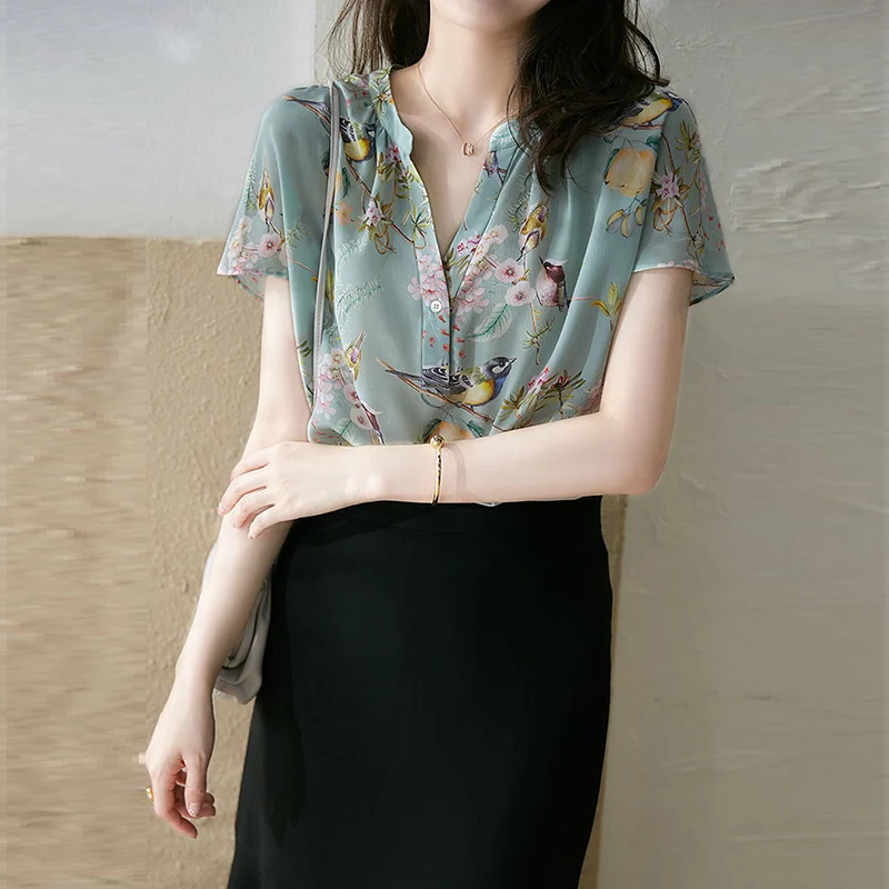 2024 Summer New Korean Elegant Fashion V-neck Fresh Printed Short Sleeve Chiffon Shirt Loose Casual All-match Blouse Blusa Mujer