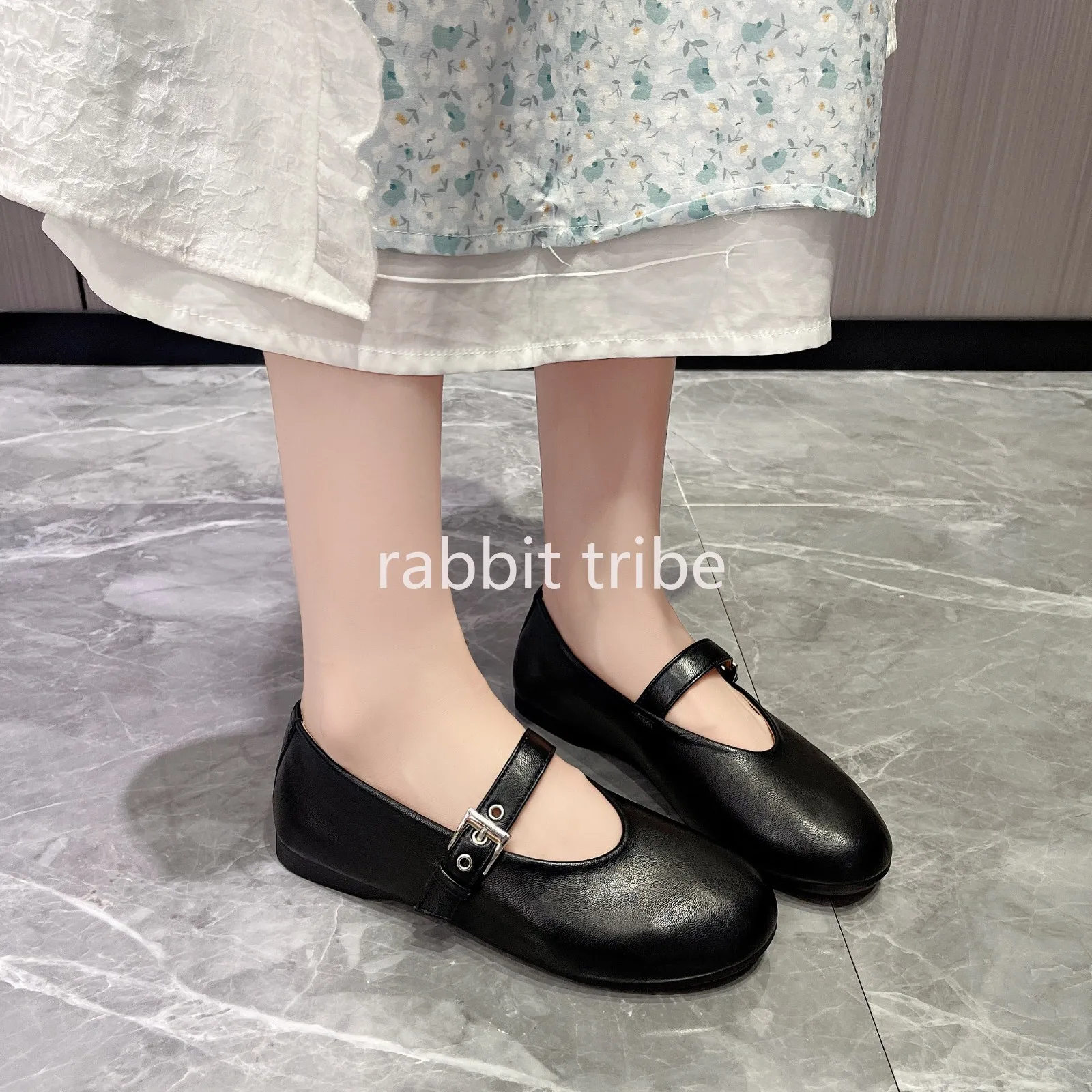 

RABBIT TRIBE Mary Jane Shoes Female Genuine Leather 2025 New Snap Ballet Shoes Women Square Toe Flat Cowhide Ladies Shoes