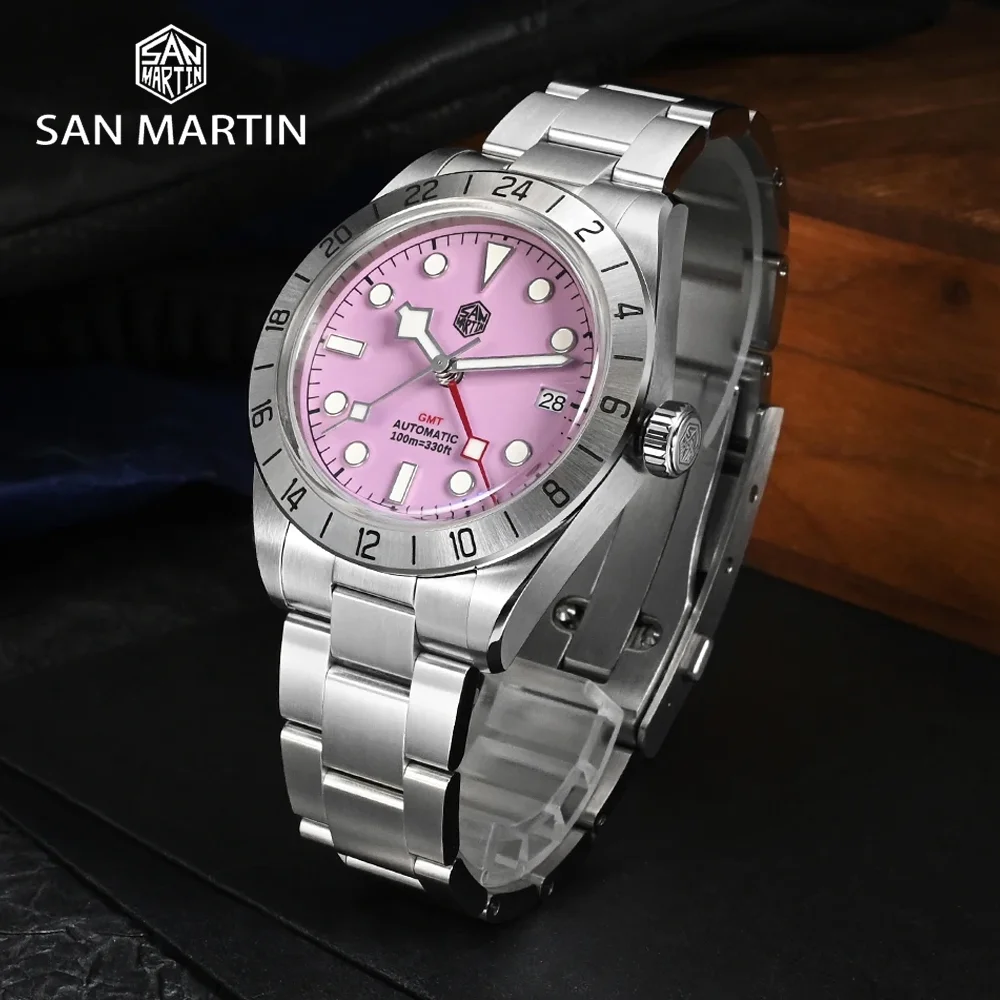 San Martin Original Pink Dial BB GMT NH34 39mm Classic Luxury Business Men Watch Automatic Mechanical Sapphire Waterproof watch