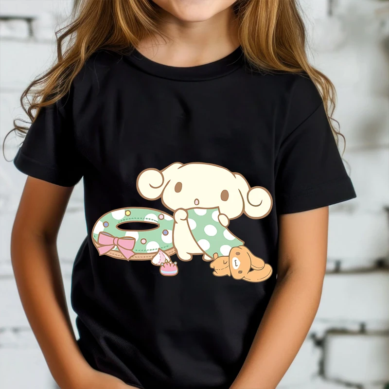 T-shirt dziecięcy z nadrukiem Cinnamoroll Letnie dziecięce bawełniane czarne topy z krótkim rękawem, odpowiednie dla chłopców i dziewcząt