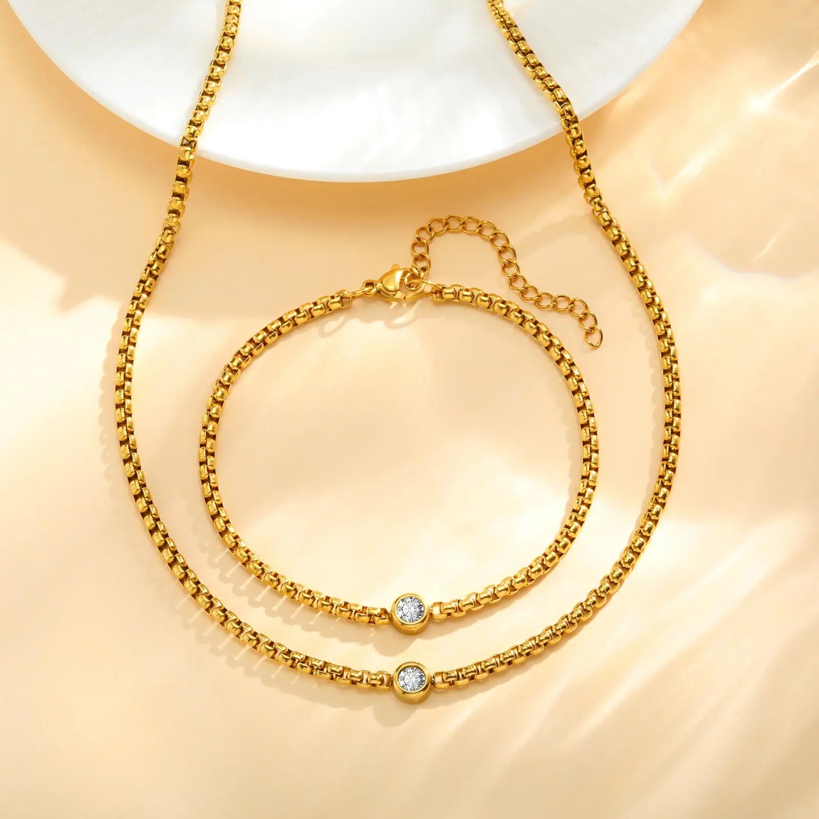 Women's 2pcs Round Cubic Zirconia Necklace Bracelet Set