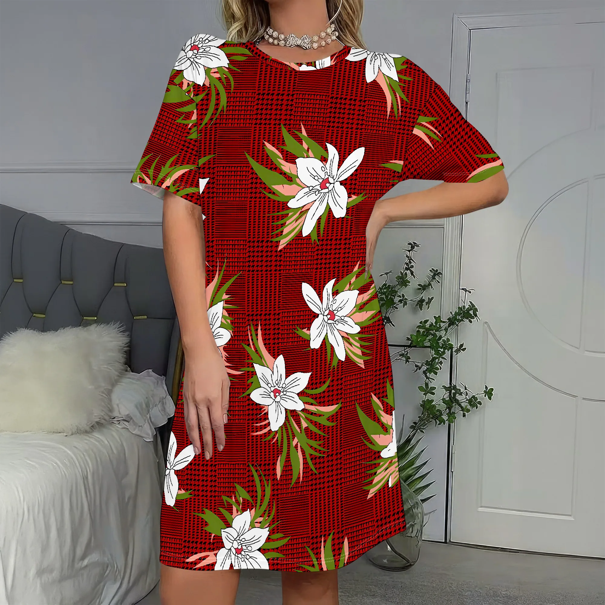 

Floral Print, Short Sleeve Dress, Red Plaid Pattern, White Lily Design, Summer Casual Wear, S-2XL