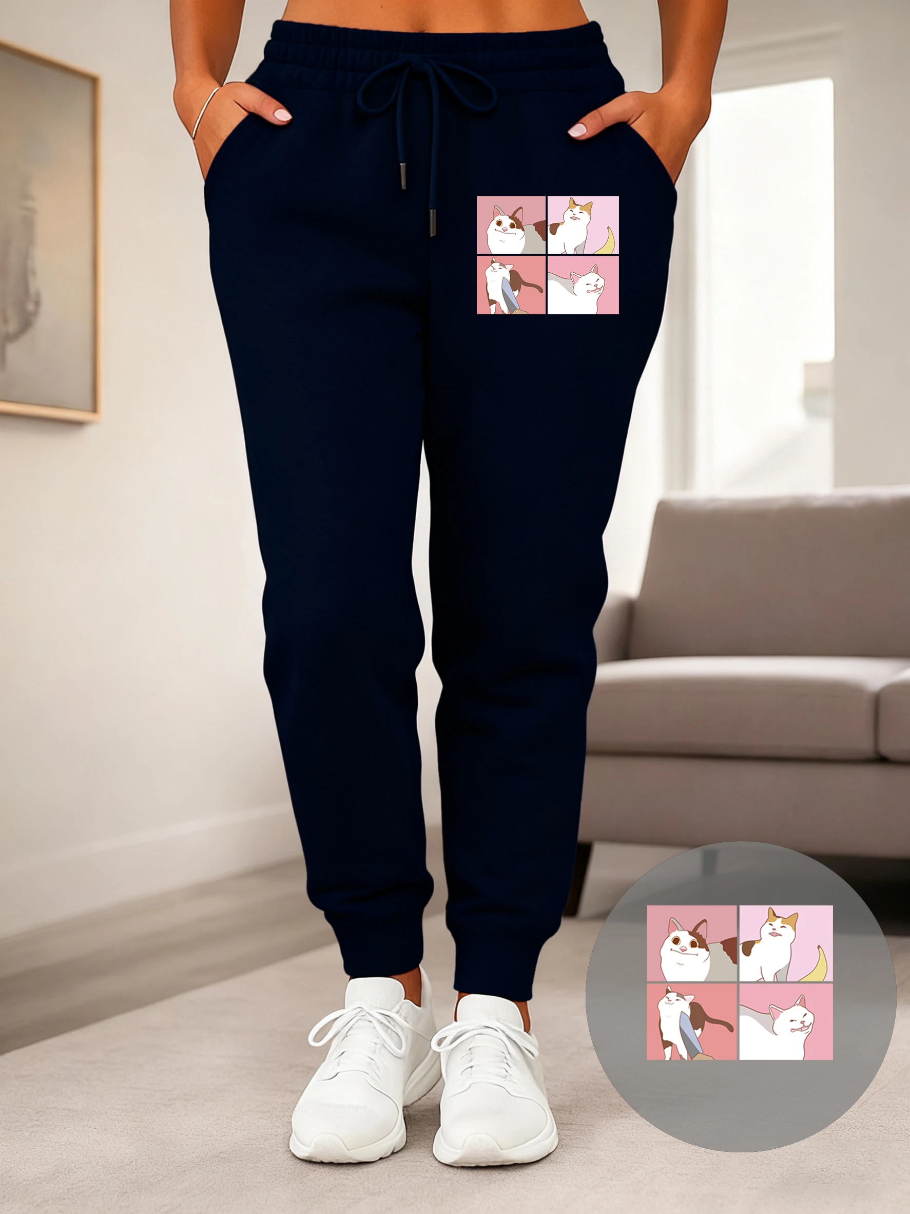 Cartoon Banana Knife Cat Printed Women Jogging Pant Autumn Hip Hop Trousers Fleece Drawstring Sweatpants Comfortable Long Pants