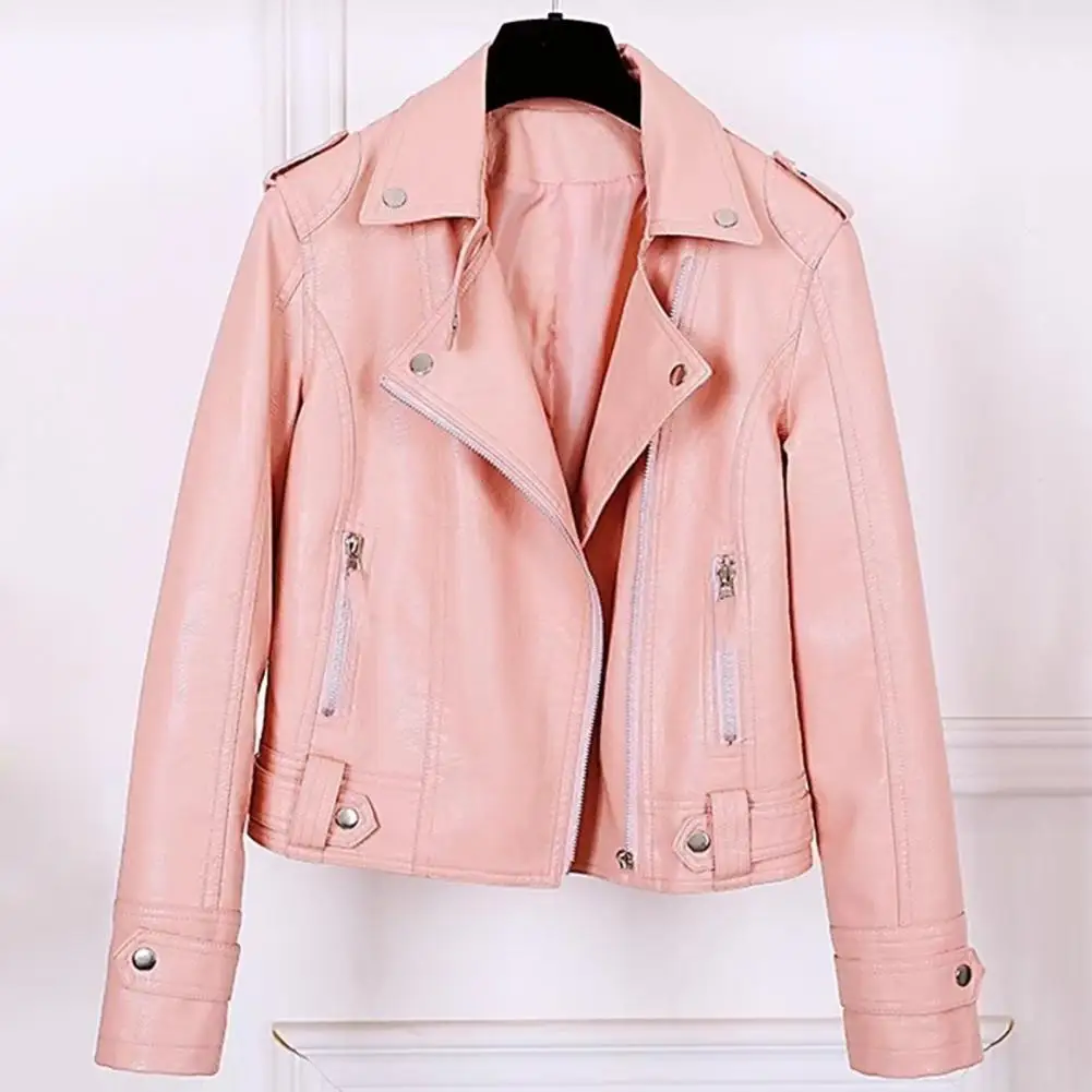 Winter Women Jacket Solid Color Turn-down Collar Zip-up Zipper Faux Leather Coat Rivet Decor Long Sleeves Motorcycle Outerwear