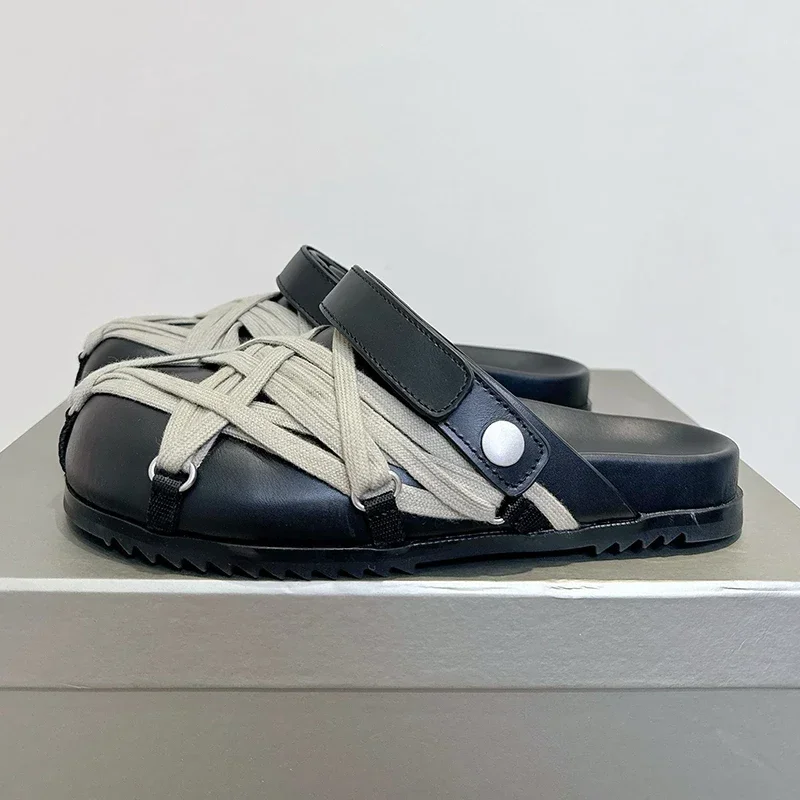 Spring Autumn Closed Toe Half Slippers Unisex Genuine Leather Lazy Mules Back Strap Sandals Flat Thick Bottom Vacation Shoes