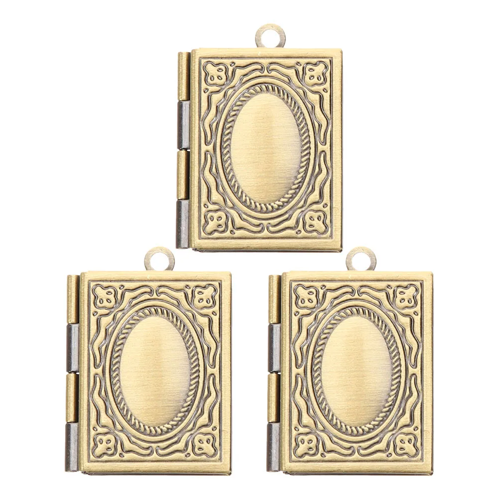 

3Pcs Book Locket Pendant Necklace Vintage Photo Frame Charm Openable Memory Keepsake Bronze Jewelry Necklace Locket