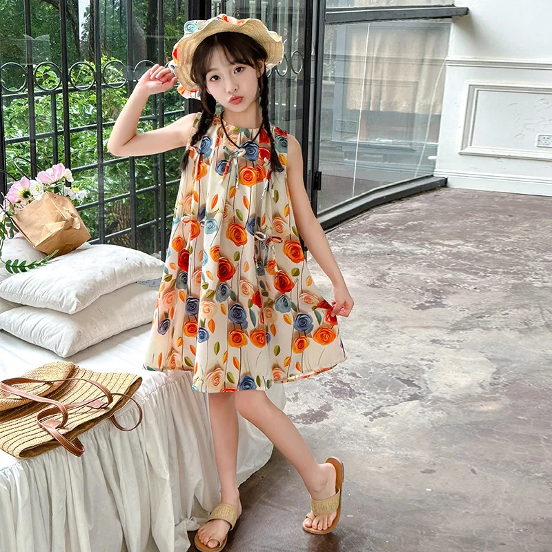 2025 Sleeveless lace Toddler Girl Summer Clothes FLORAL pearl Pleated Slip Dresses Casual Princess Party Kids 4 8 10 11 year