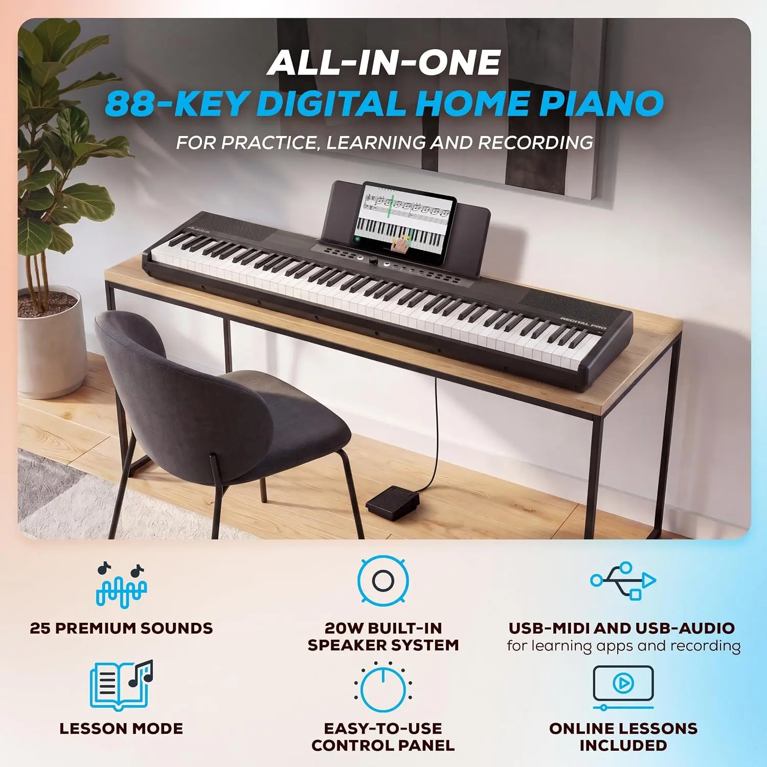 88-Key Digital Piano with Weighted Keys and Hammer Action