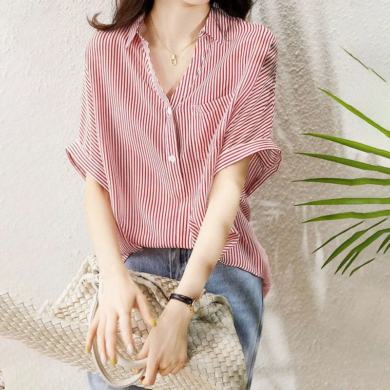 Office Lady Casual Striped Printed Shirt Summer Lightly Cooked All-match V-Neck Single-breasted Blouse Fashion Women's Clothing