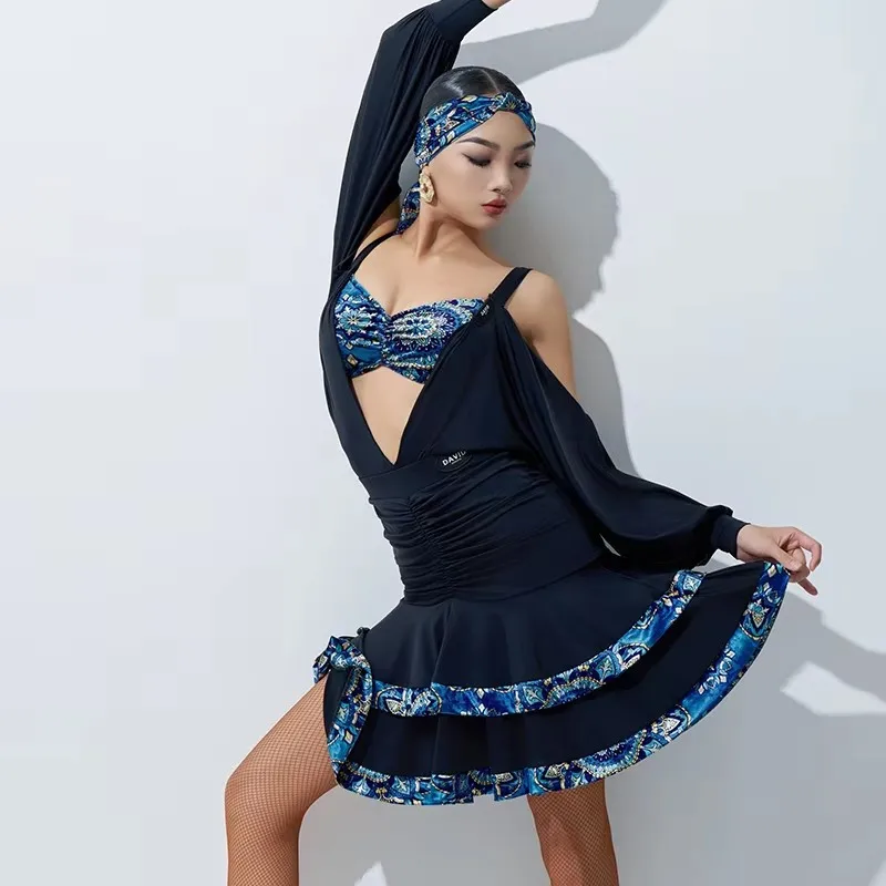 Costumi di performance di danza latina di fascia alta per le donne Scavato Top Gonne divise Vestito Samba Chacha Vestito da palcoscenico latino DN19284