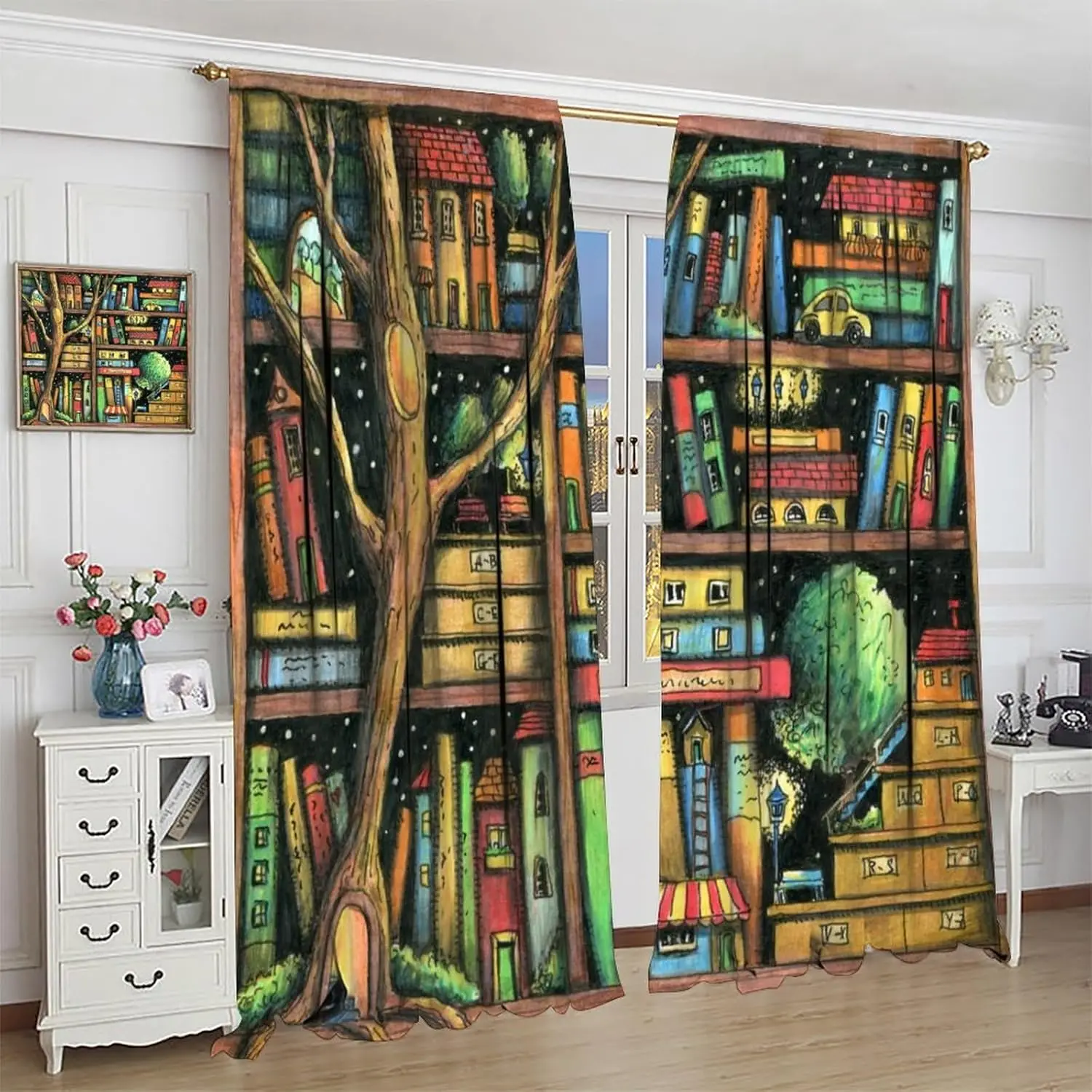 Bookshelf Curtains for Study School Library Reading Room Bedroom Book Rod Pocket Blackout Window Treatment Cartoon The Tree Home