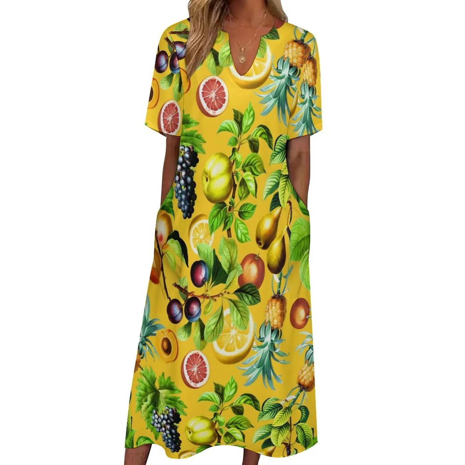 Fruit Print Dress Pineapple And Grapes Kawaii Maxi Dress Aesthetic Boho Beach Long Dresses Womens Short Sleeve Oversize Vestidos