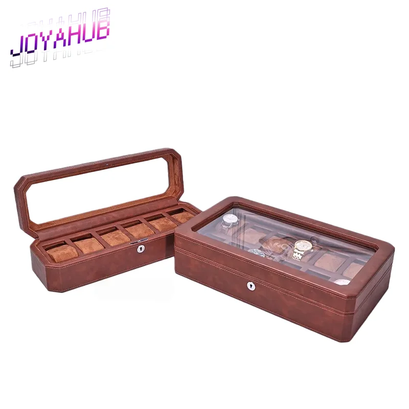 Custom LOGO Minimalist Brown PU Leather Dustproof Watch Packaging Display Watch Box Large-capacity Jewelry Collection Box OEM