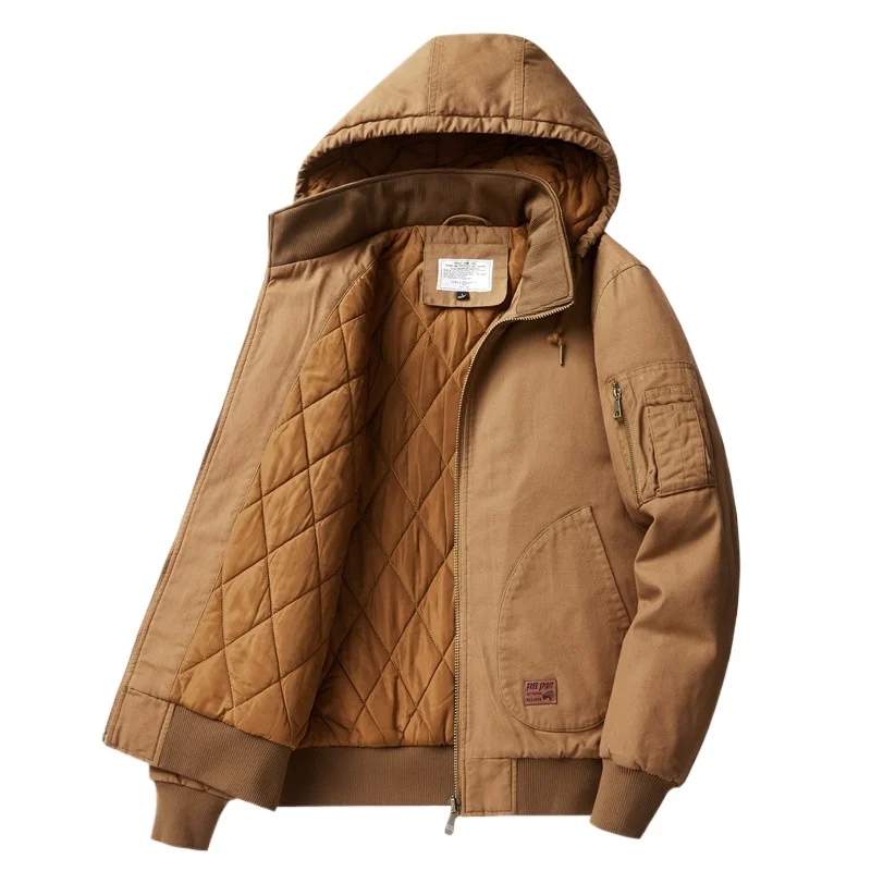New Winter Men Hooded Fleece Warm Down Jackets Fashion Casual Coats Quality Male Cotton Multi-pockets Cargo Jacket Tooling Coats