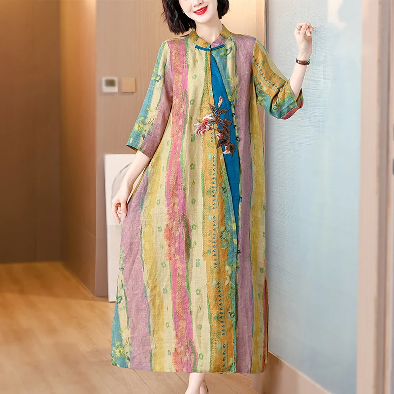 2024 New Fashion Silk Dress Women's Spring/Summer Retro Print Long Dress French Loose Tight Holiday Leisure Party Vestidos