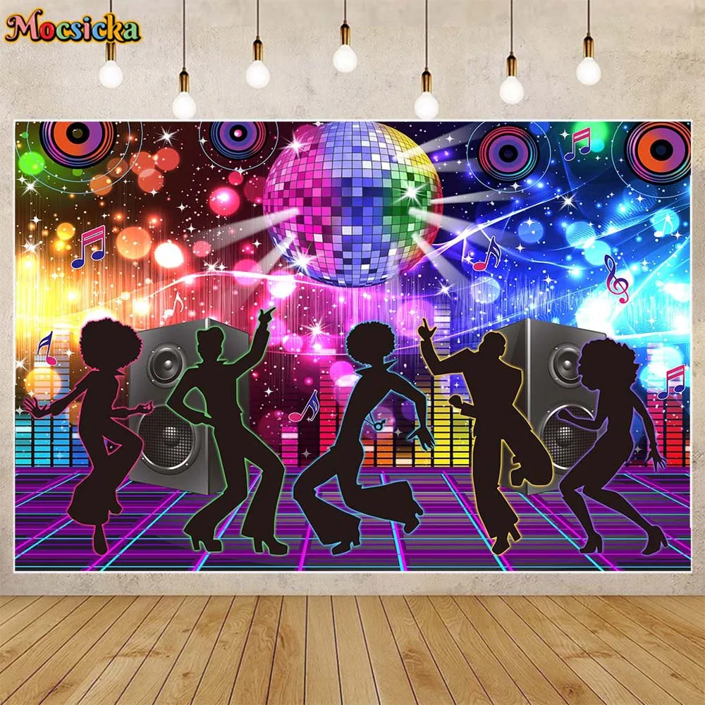 Mocsicka Disco Party Backdrop Back To The 70's Retro Neon Lights Disco Ball Let's Dance Adult Birthday Party Background Supplies