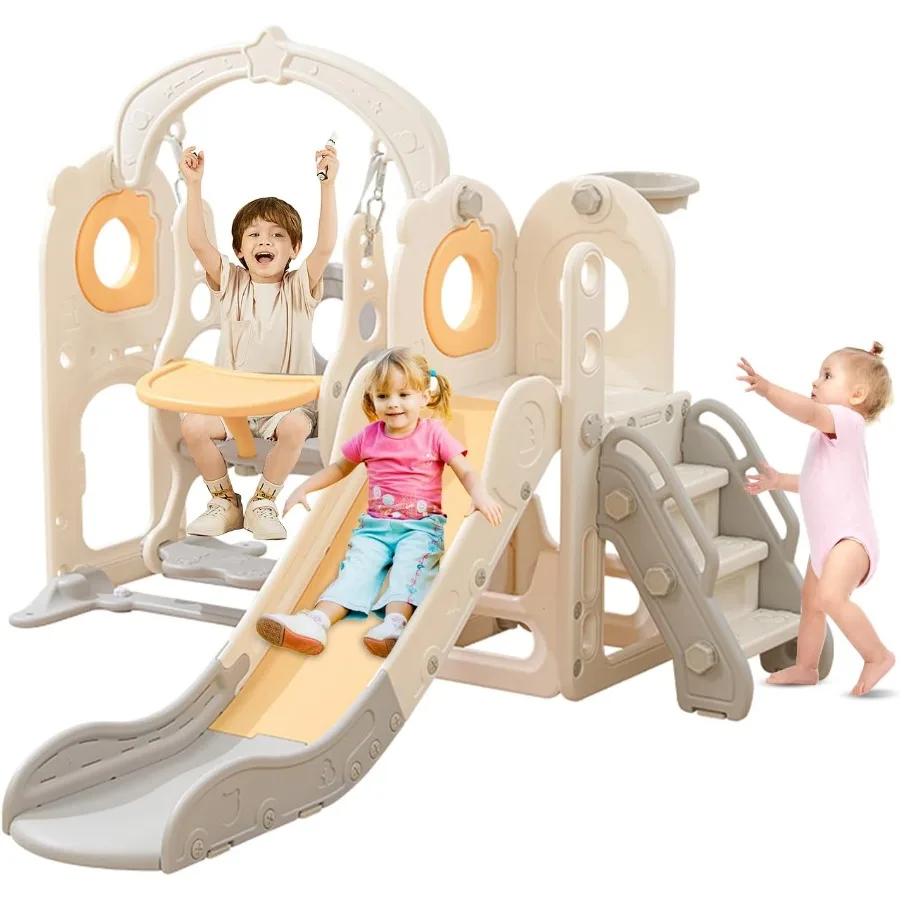 Tobogán independiente para niños pequeños con columpio, tobogán interior 6 en 1 para niños pequeños, tobogán en forma de 13 L con aro de baloncesto, tobogán para bebés