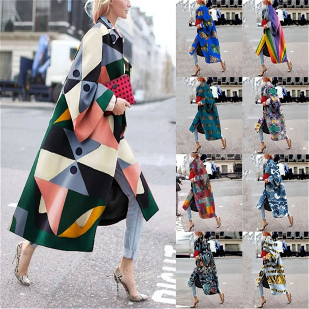 2024 Autumn/Winter New Long Flare Sleeve Coat Printed Loose Windbreaker For Women