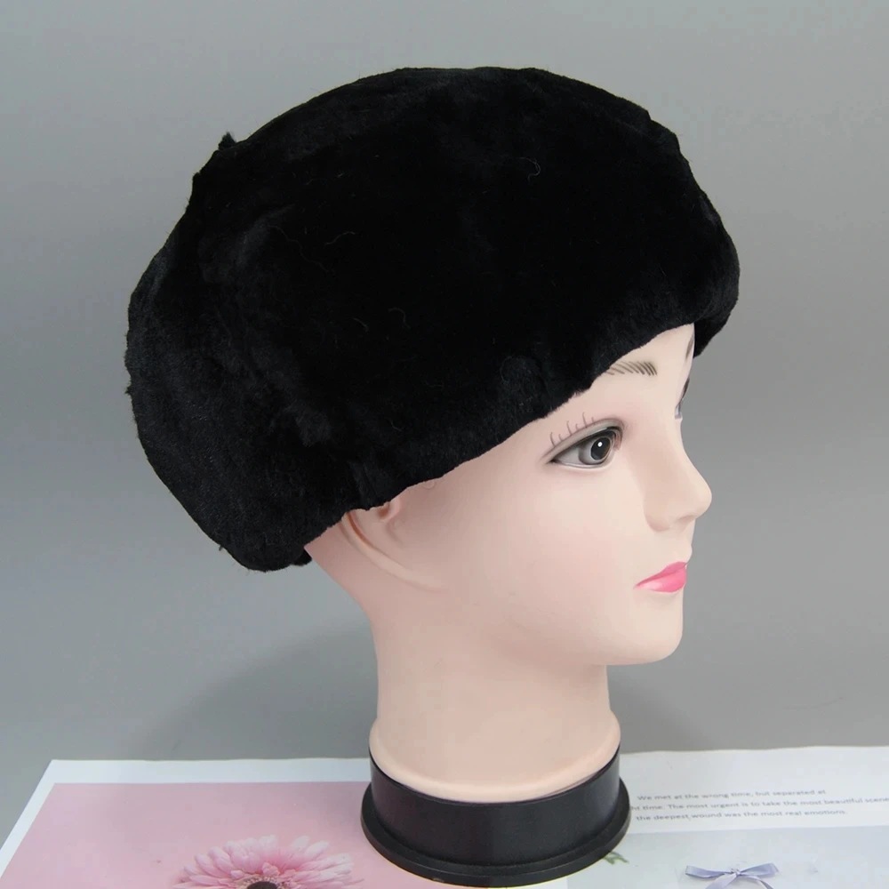 New Style Lady Beret Caps Knitted Real Rex Rabbit Fur Beanies Hat Women Winter Rex Rabbit Fur Hats 100% Real Rex Rabbit Fur Cap