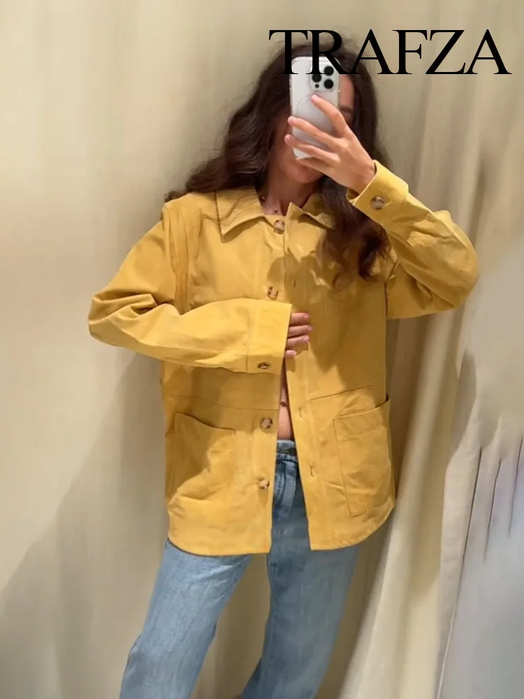 

TRAFZA Female Fashion Pockets Coats Yellow Turn-Down Collar Single-Breasted Women's Summer Casual Long Sleeve Loose Jackets