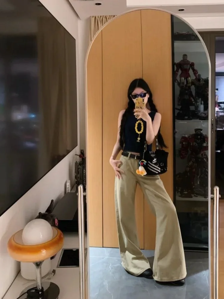 Jeans denim kaki oversize a vita bassa da donna larghi lunghi fino al pavimento comodi pantaloni a gamba larga stagione autunnale abbigliamento casual