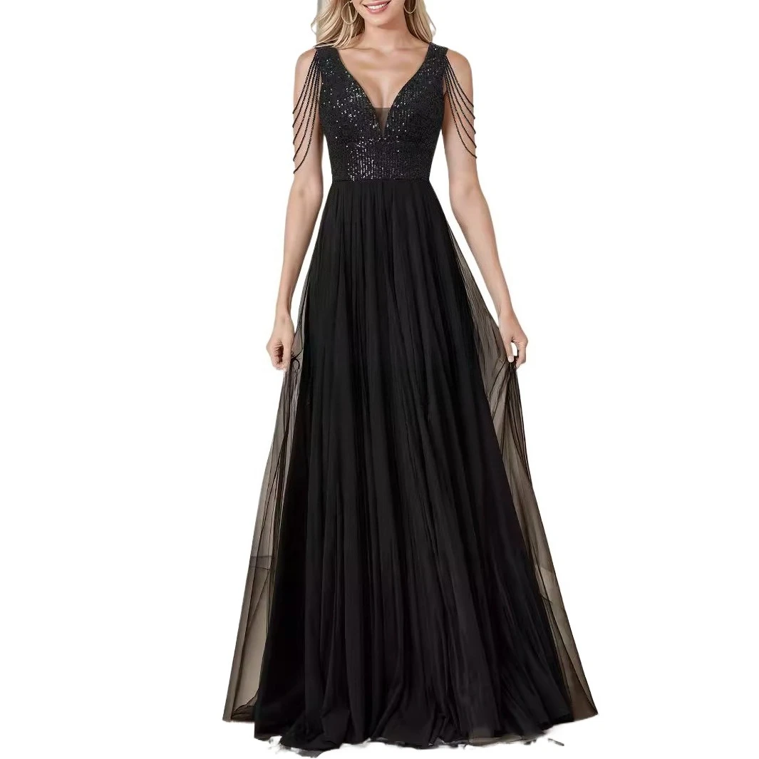 Elegant Double V-neck Sequined Tassels Long Formal Evening Party Dress Black