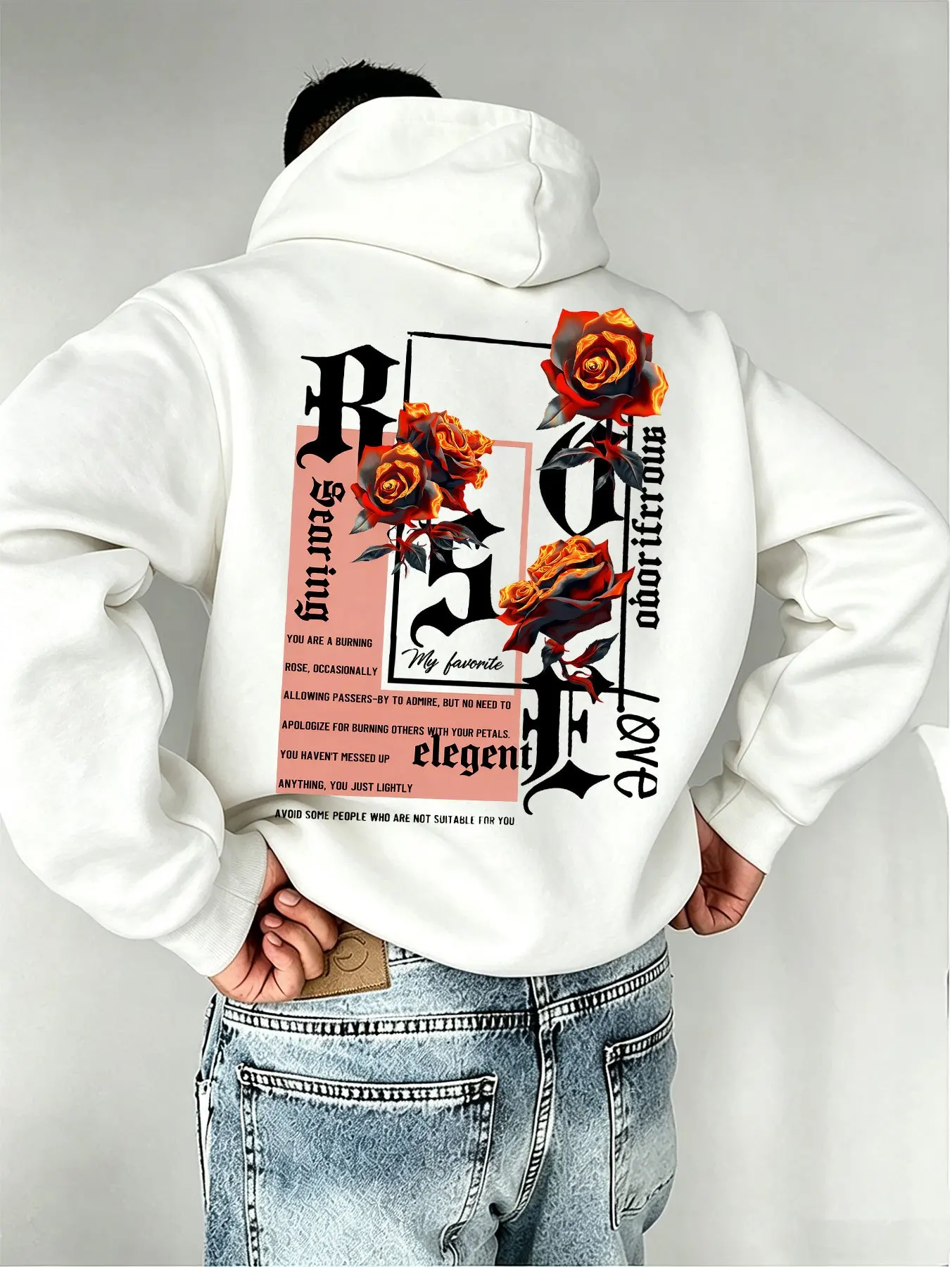 Men's autumn/winter hooded sweatshirt featuring graffiti-style lettering and English phrases; a trendy, unisex design.