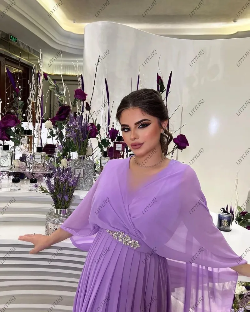 LIYYLHQ Purple Plus Size Prom Dresses For Pregnant Women Chiffon Cap Sleeves Crystal Belt Wedding Party Gowns Chiffon Dress