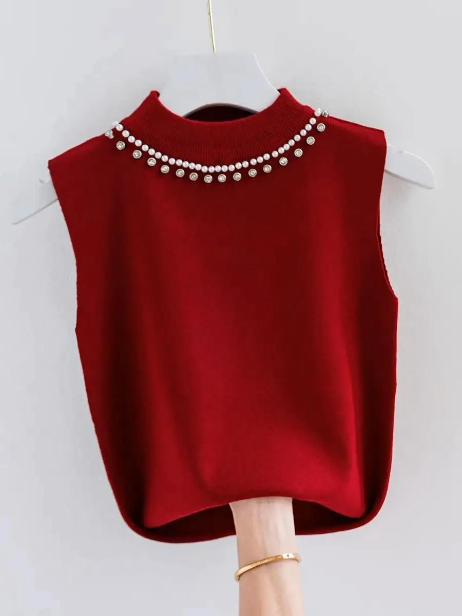 Nail Bead Half High Collar Knitted Sweater Vest Elegant Solid Sleeveless Basic Shirt Women's Commuting Slim Fit Versatile Top